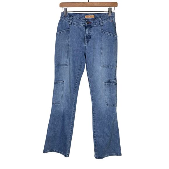 Tommy Hilfiger Juniors Y2K Low Rise Flared Wide Leg Cargo Pocket Jeans - Picture 1 of 9